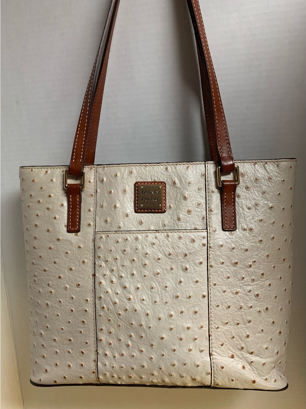 Dooney & Bourke Cream Ostrich-Embossed Tote with Brown Straps